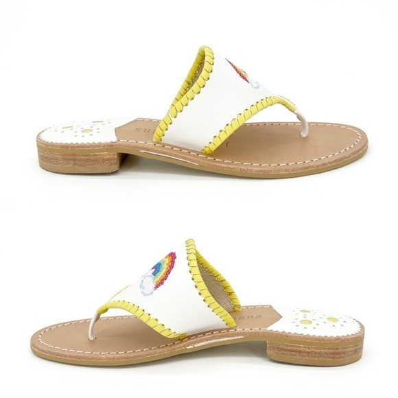 Jack Rogers Embroidered Sandals Rainbow & Clouds Size 6 White Yellow Thong New - Picture 4 of 9
